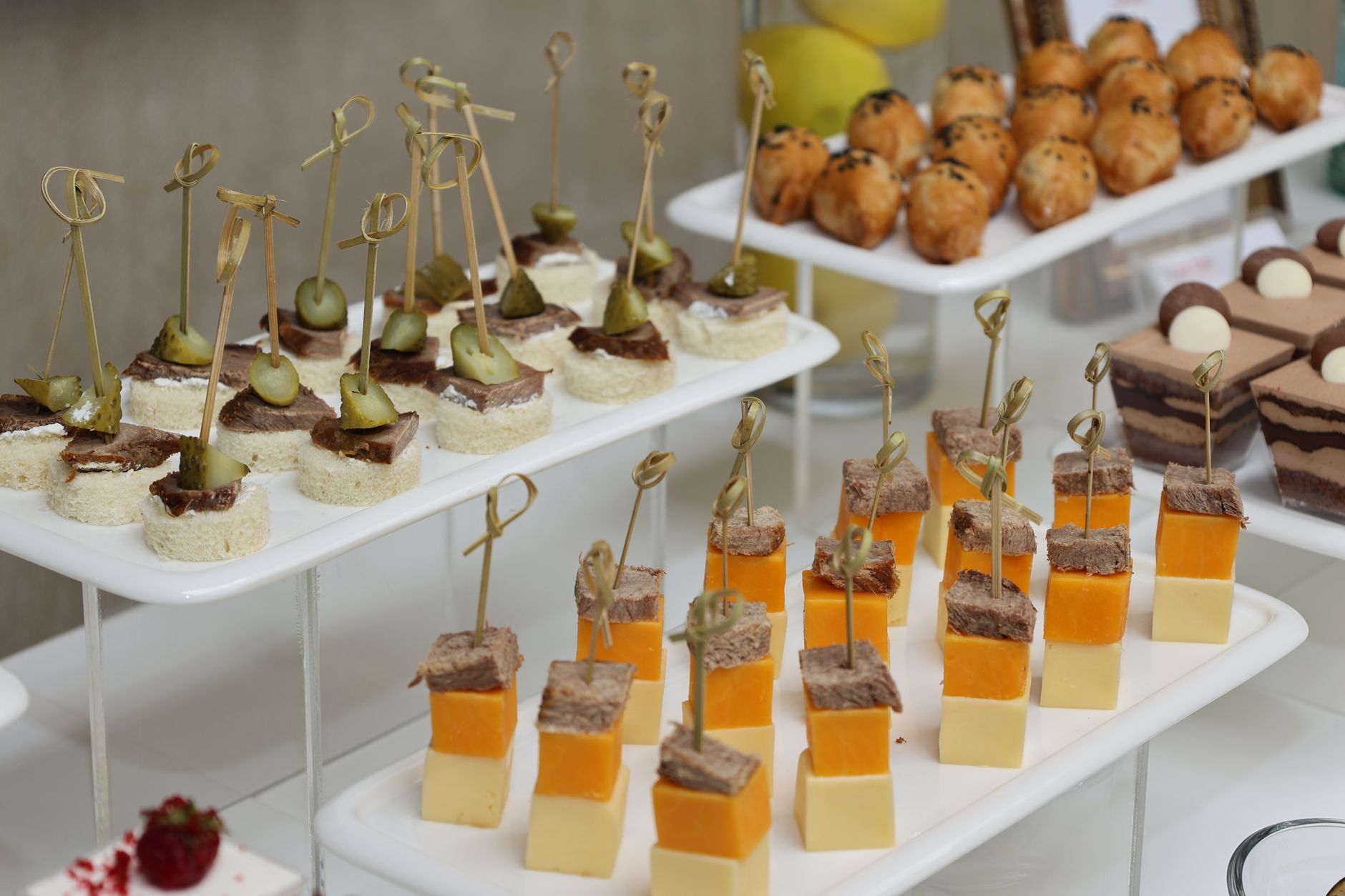 Elegant display of assorted gourmet appetizers on skewers, perfect for luxury events and catering.