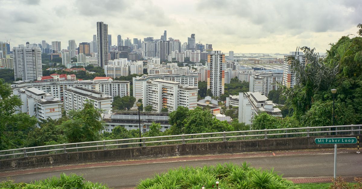 A scenic view of the urban landscape from Mount Faber, showcasing skyscrapers and lush greenery.
