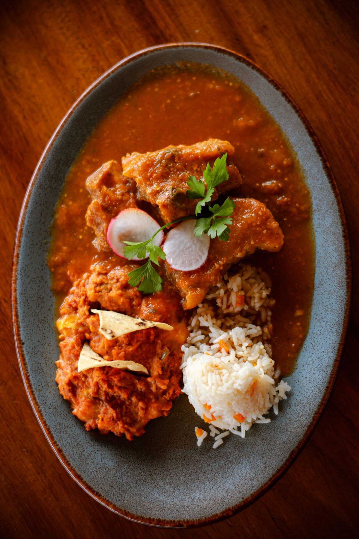A delicious plate of traditional Mexican cuisine featuring mole, rice, and garnish.