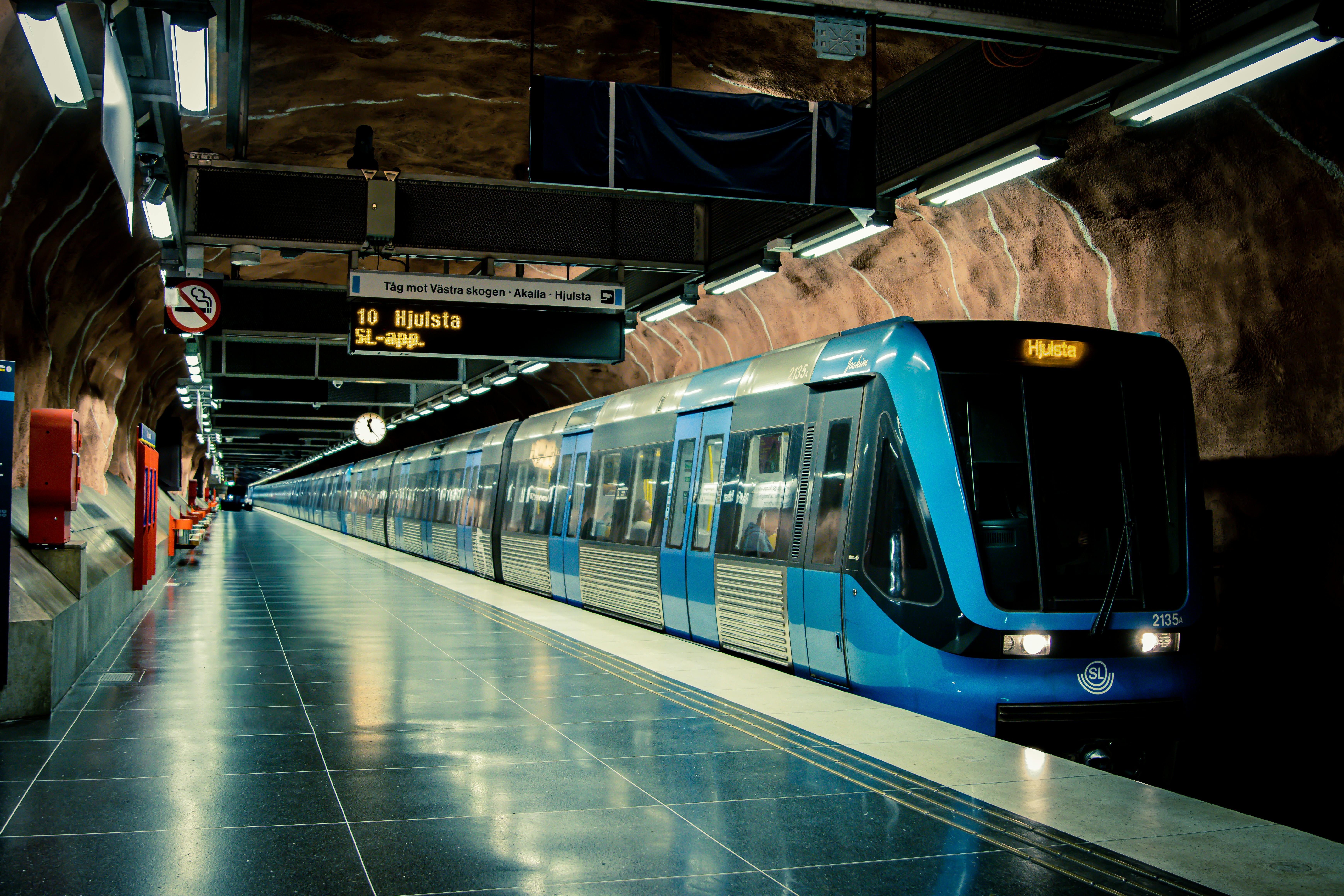 Stockholm metro train at Hjulsta station, Sweden, featuring modern design and underground architectu