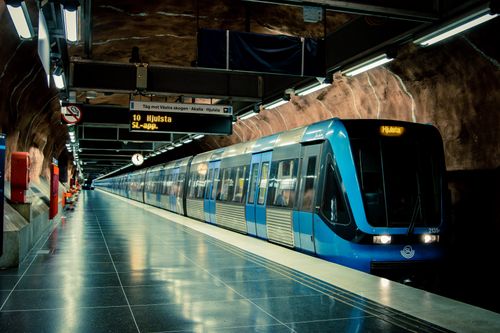 Free Stockholm metro train at Hjulsta station, Sweden, featuring modern design and underground architecture. Stock Photo