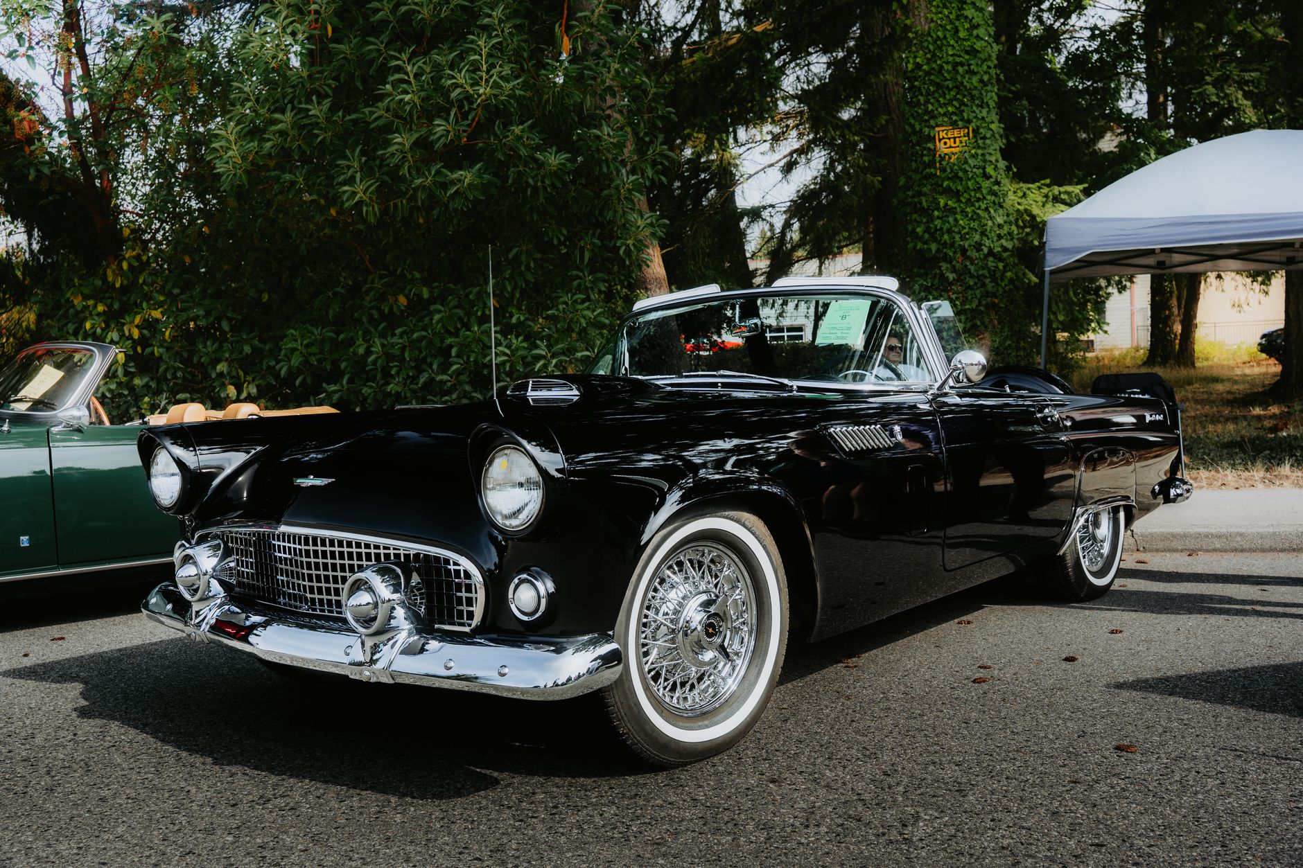 A striking black classic convertible car displayed at an outdoor vintage auto show, surrounded by trees.