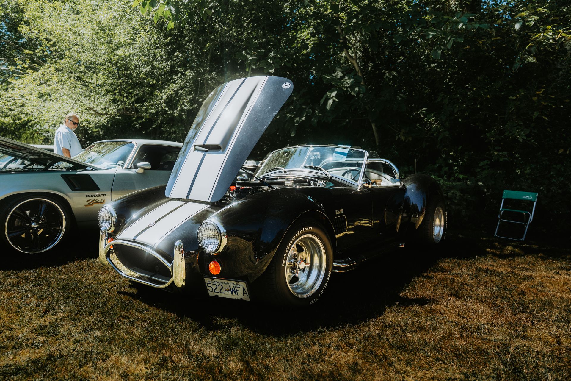 Vintage sports cars displayed at an outdoor car show with lush greenery.