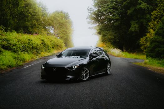 Black car parked on a serene road surrounded by lush greenery, exuding elegance and modern design.