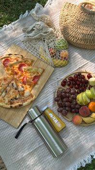 An inviting summer picnic setup with pizza, fresh fruits, and juice outdoors on a cozy blanket.