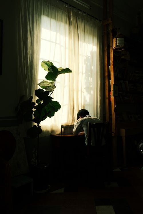 Free A person sits thoughtfully by a window, deeply immersed in reflection and shadows. Stock Photo