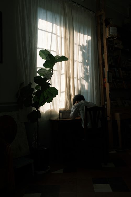 Free A person deep in thought by a window, surrounded by a cozy indoor setting in Jamaica. Stock Photo