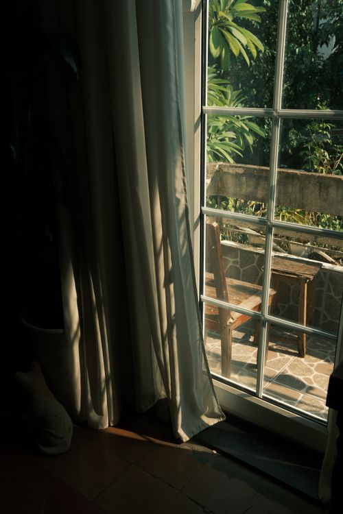 Free Tranquil garden scene visible through sunlit window in Jamaica, showcasing greenery. Stock Photo