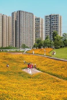 Bright cityscape featuring vibrant flower field and towering modern buildings under a clear blue sky.
