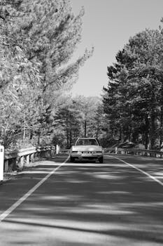 Vintage car driving through a forest road, surrounded by trees in monochrome.