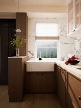 Elegant kitchen interior featuring marble countertops and wooden cabinetry.