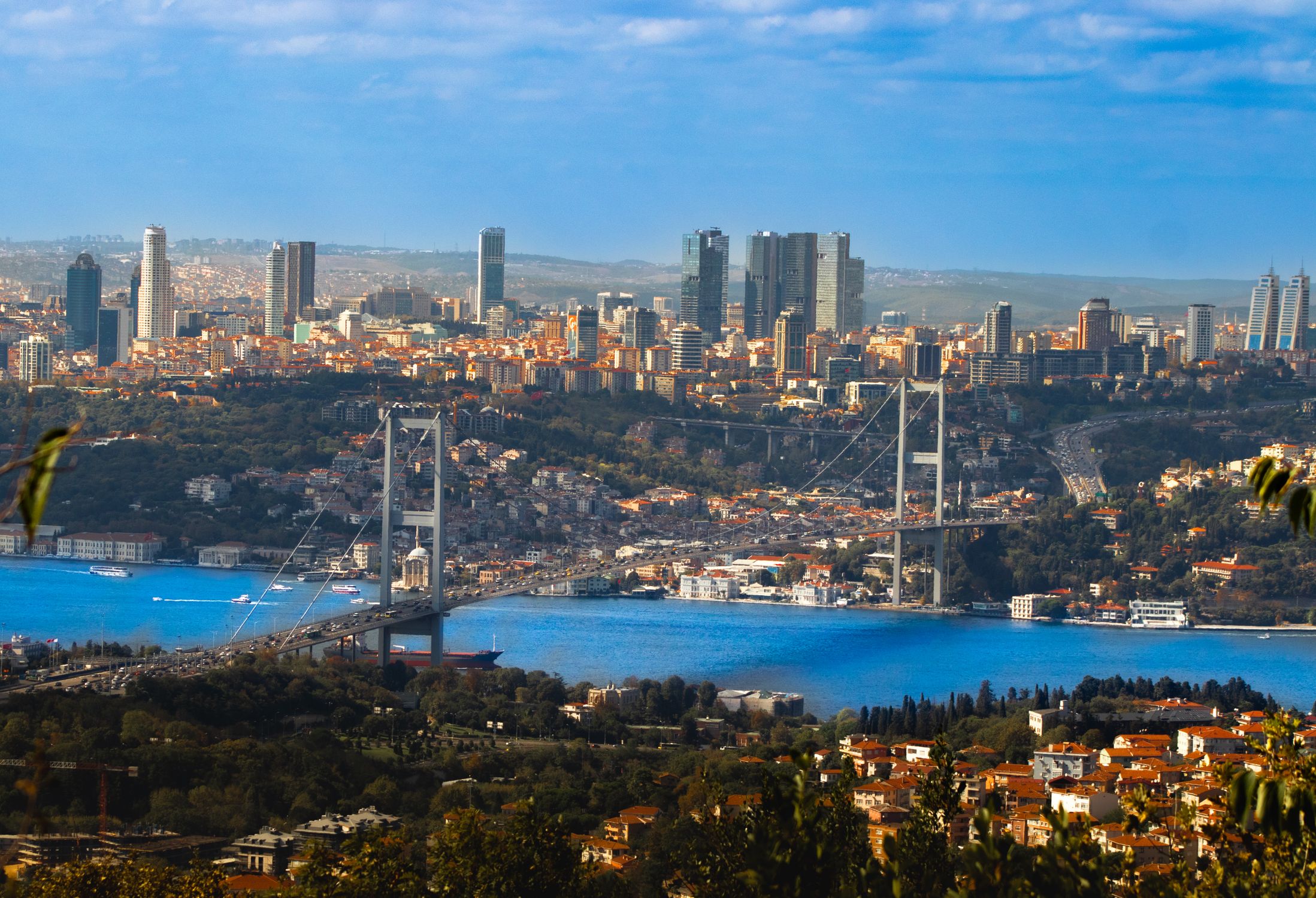 Aerial View Of Istanbul s Bosphorus Bridge And Skyline Free Stock Photo aerial-view-of-istanbul-s-bosphorus-bridge-and-skyline-free-stock-photo