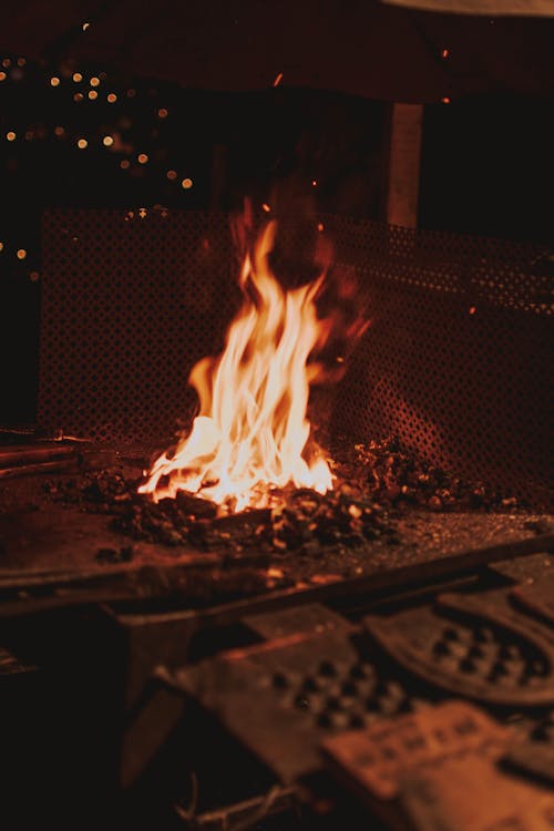 Burning bonfire surrounded by metal grid