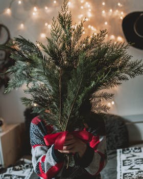 喜庆的常青树用红色蝴蝶结系着，放在舒适的房间里，非常适合冬季假期