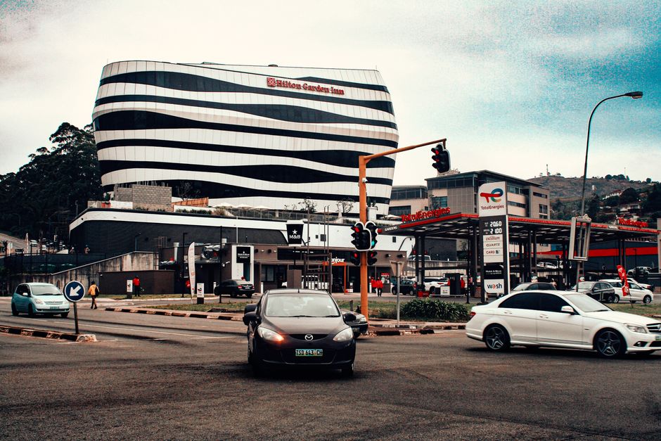 View of city traffic and modern architecture in Mbabane, Eswatini.