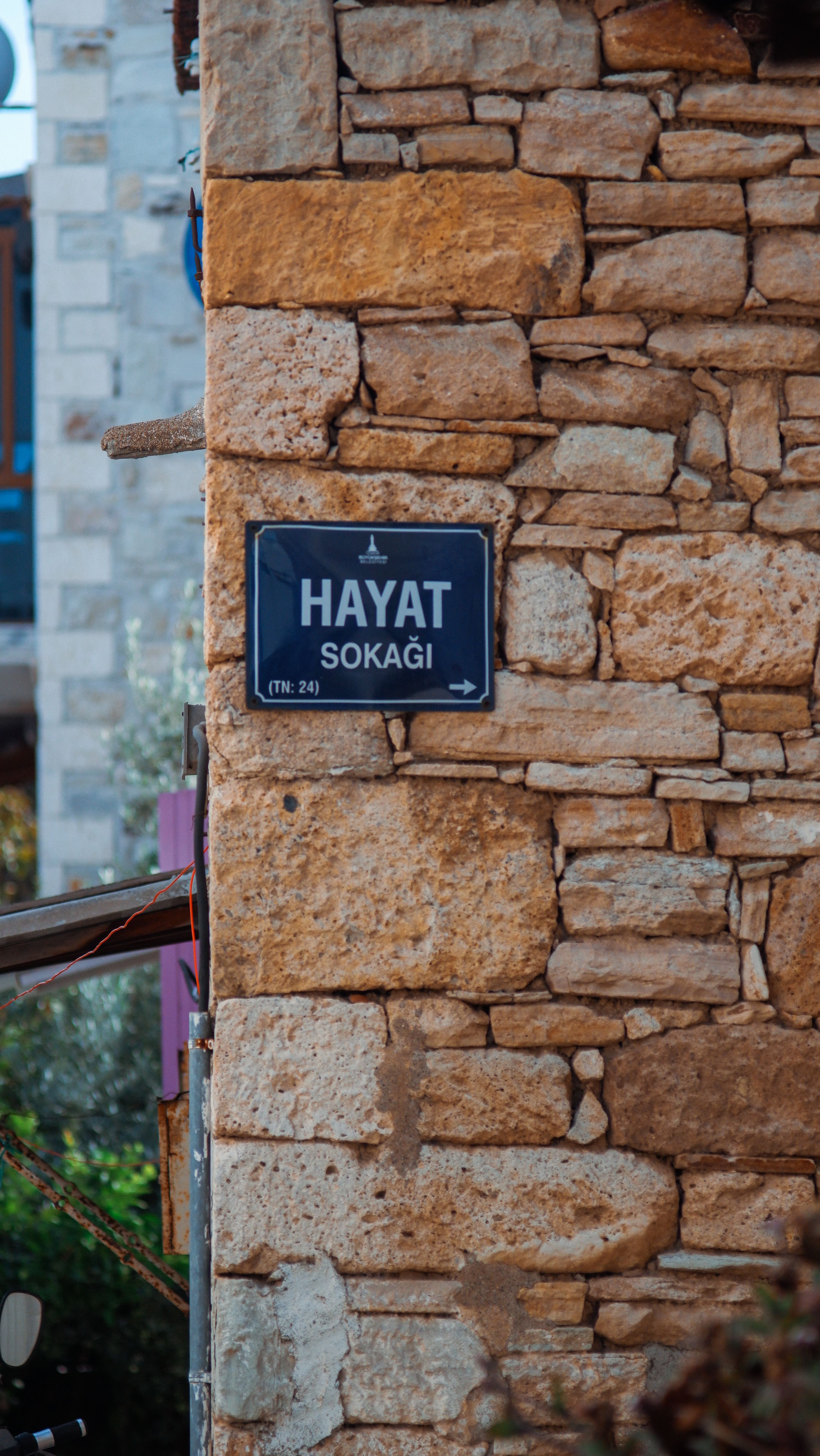 Stone wall with 'Hayat Sokagi' street sign, showcasing rustic architecture in a charming street scene.
