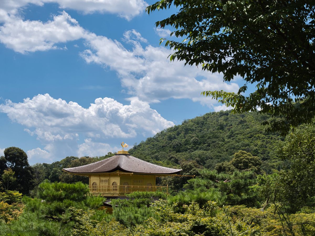 Kinkaku-ji temple surrounded by lush greenery under blue skies in Kyoto