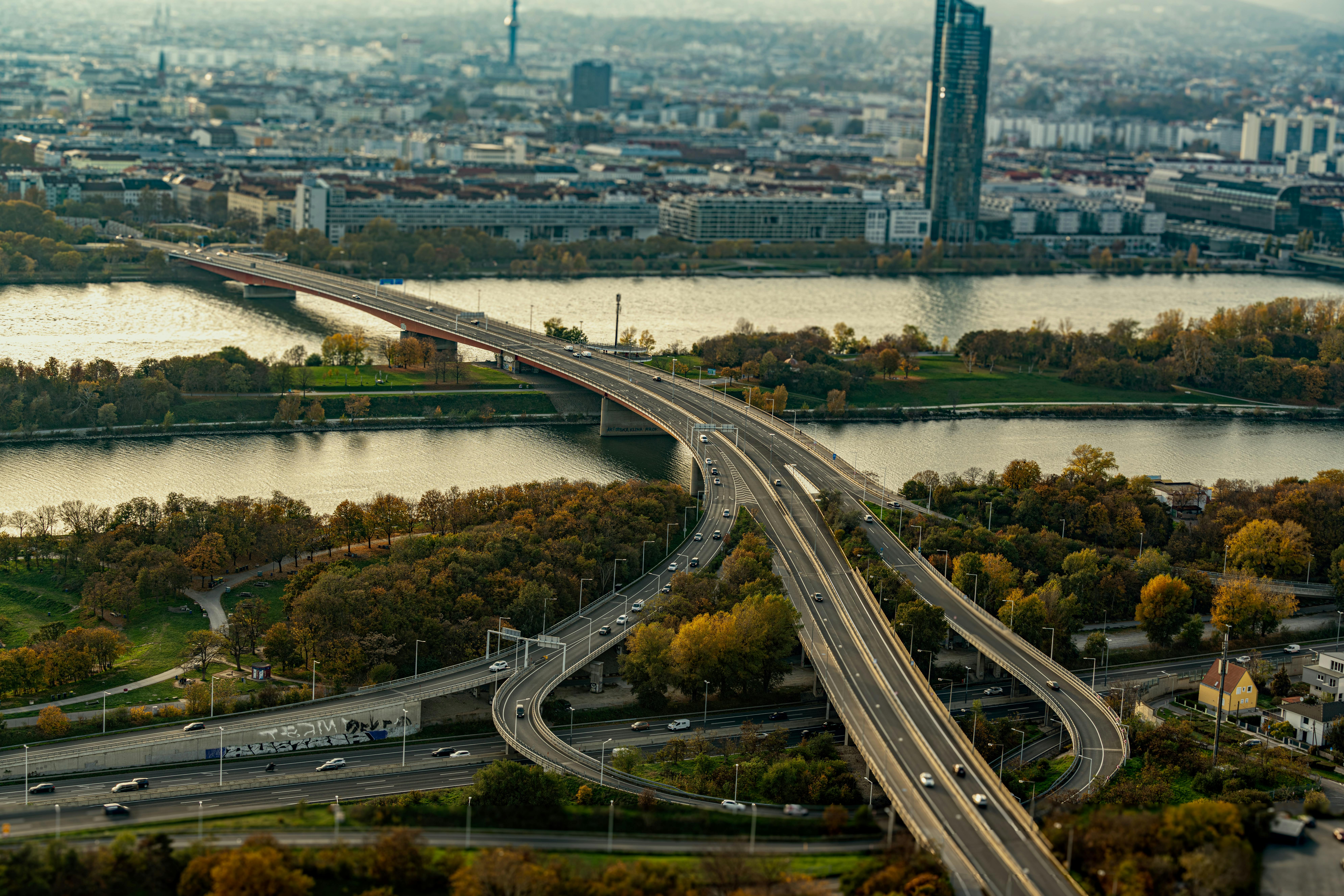 Vienna aerial with Danube bridge — Bratislava is 1h east on the same Danube, Slovakia day trip
