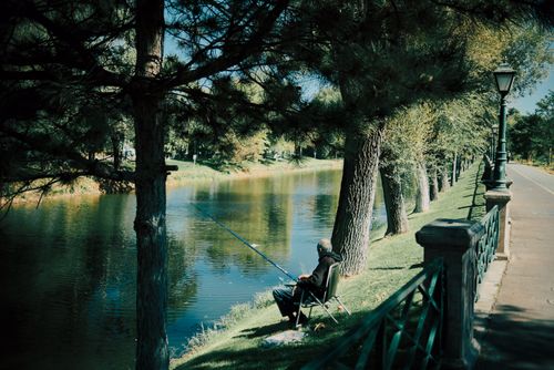 Free Elderly man enjoying a peaceful day fishing by a river in a lush, green park. Stock Photo