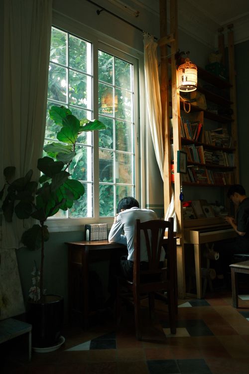 Free A person studies by a window with bookshelves and a piano in a sunlit room. Stock Photo