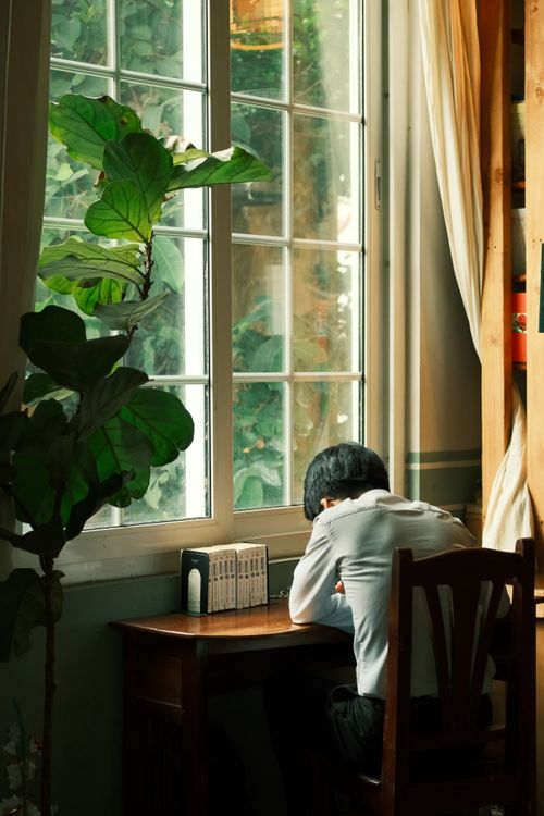 Free Person sitting alone at a desk by a window, creating a calm and introspective atmosphere. Stock Photo