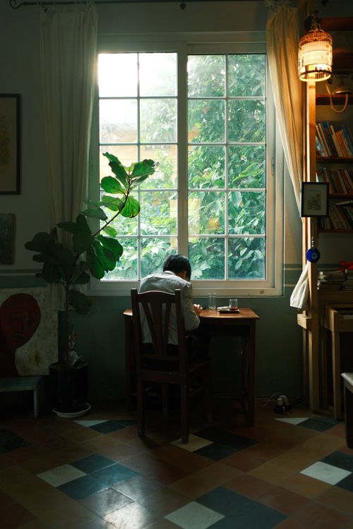 Free A tranquil study room with a potted plant and window view, perfect for solitude. Stock Photo
