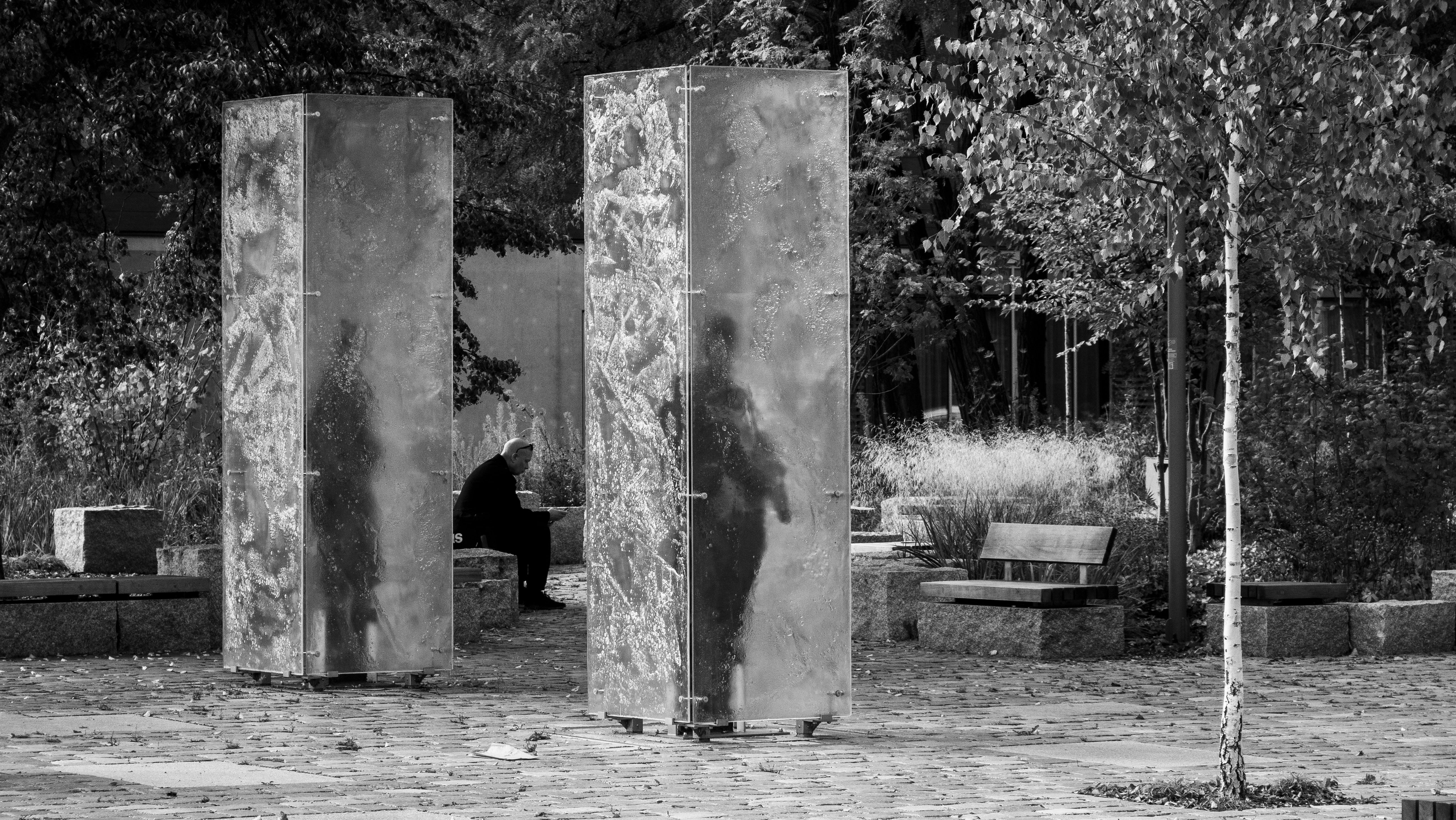 Reflective Urban Park Scene with Abstract Sculptures · Free Stock Photo
