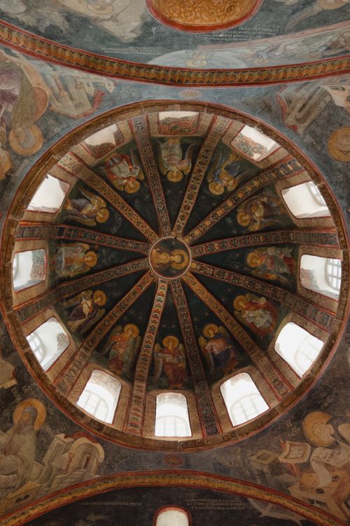 Free Detailed Byzantine dome fresco featuring religious icons and vibrant colors within a historic church. Stock Photo