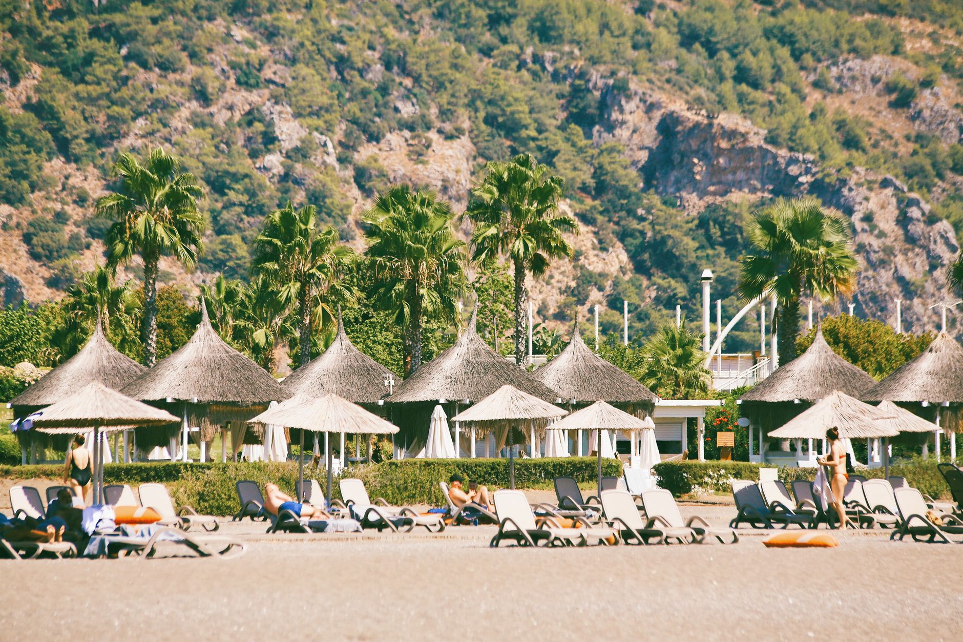 Palm trees and straw umbrellas at a sunny beach resort. Relaxation in nature.