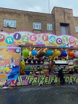 Colorful prize booth with games and toys at an outdoor carnival, attracting visitors.