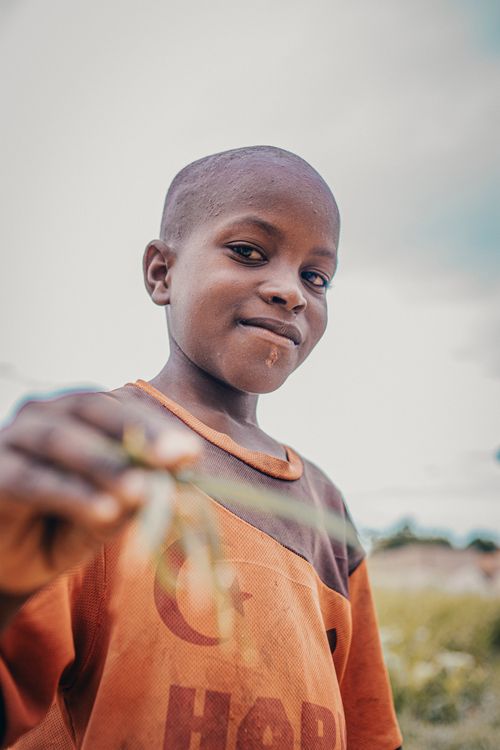 Free A cheerful child holding a grasshopper in a natural setting on a sunny day. Stock Photo