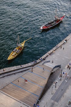 Aerial view of a waterfront with people walking and boats floating. Summer setting with a bright mood.