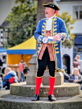 A traditional town crier in vibrant attire announces in Knaresborough's bustling square.