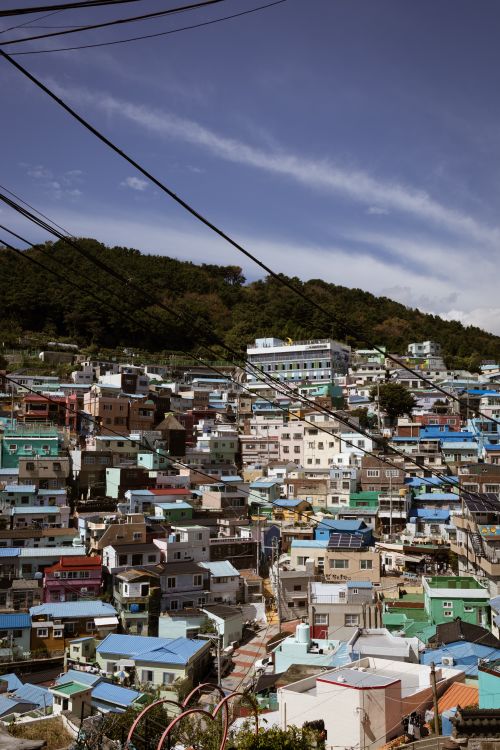 Free View of the vibrant and colorful hillside houses in Gamcheon Culture Village, Busan, South Korea. Stock Photo