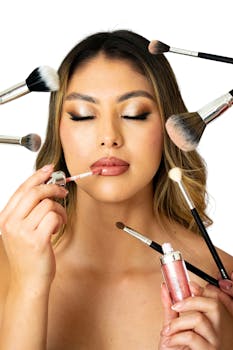 Beauty portrait of a woman applying lip gloss surrounded by makeup brushes.