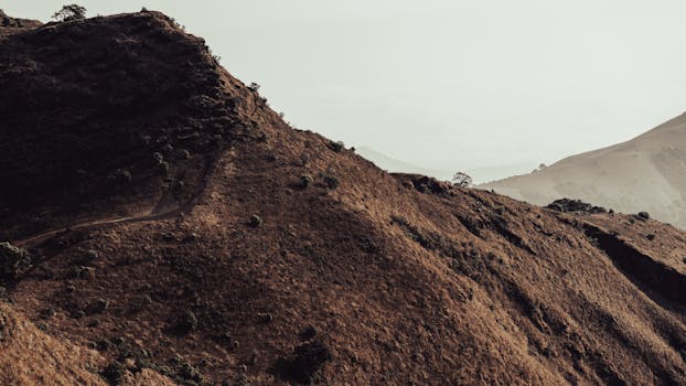 A peaceful mountain scene in Kollur, Karnataka with rugged terrain under a soft light.