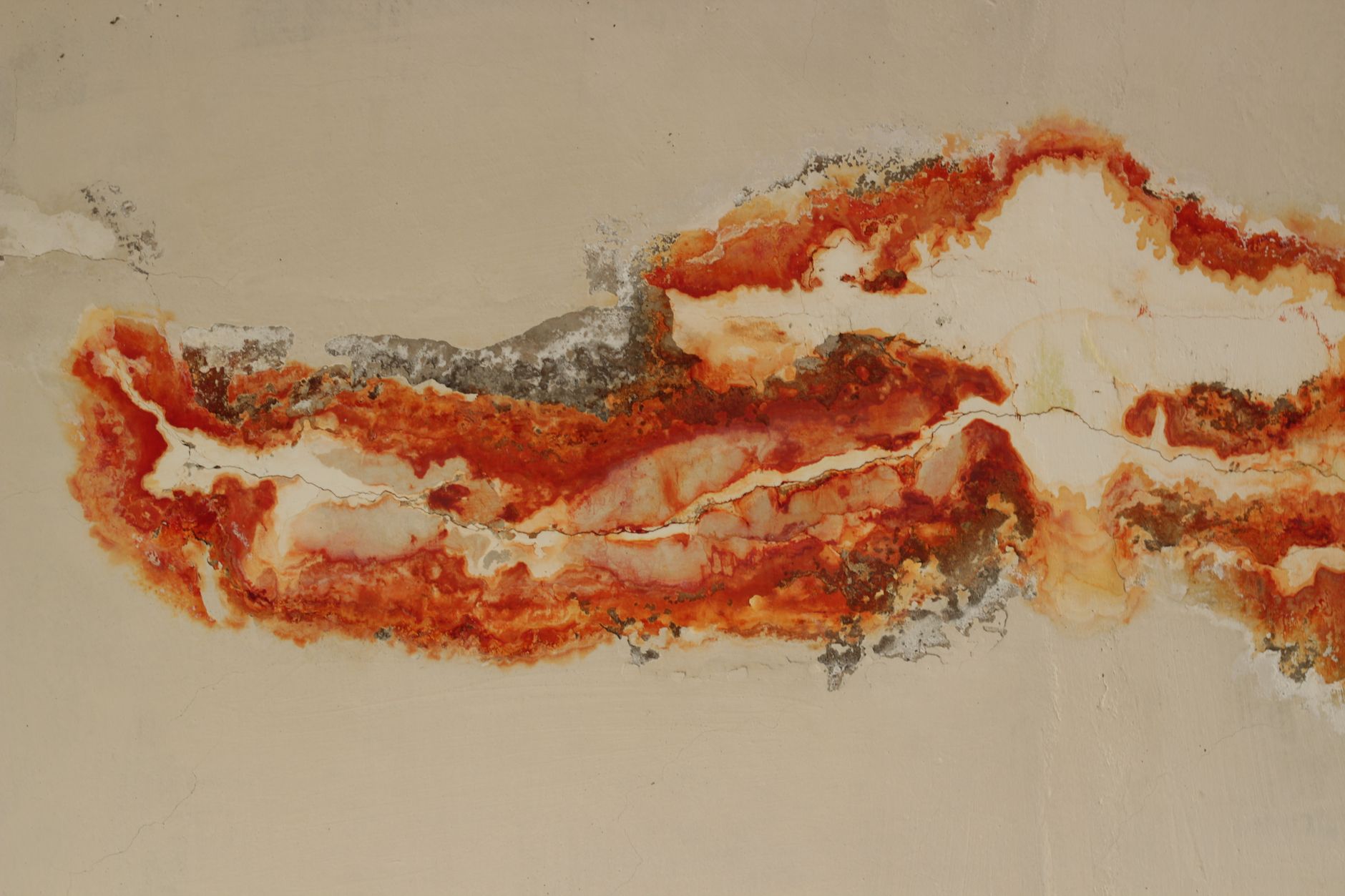 Abstract pattern of rust on a wall creating vibrant orange and red textures.