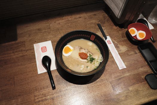 Delicious ramen served with eggs and sliced pork, captured in a Bangkok restaurant.