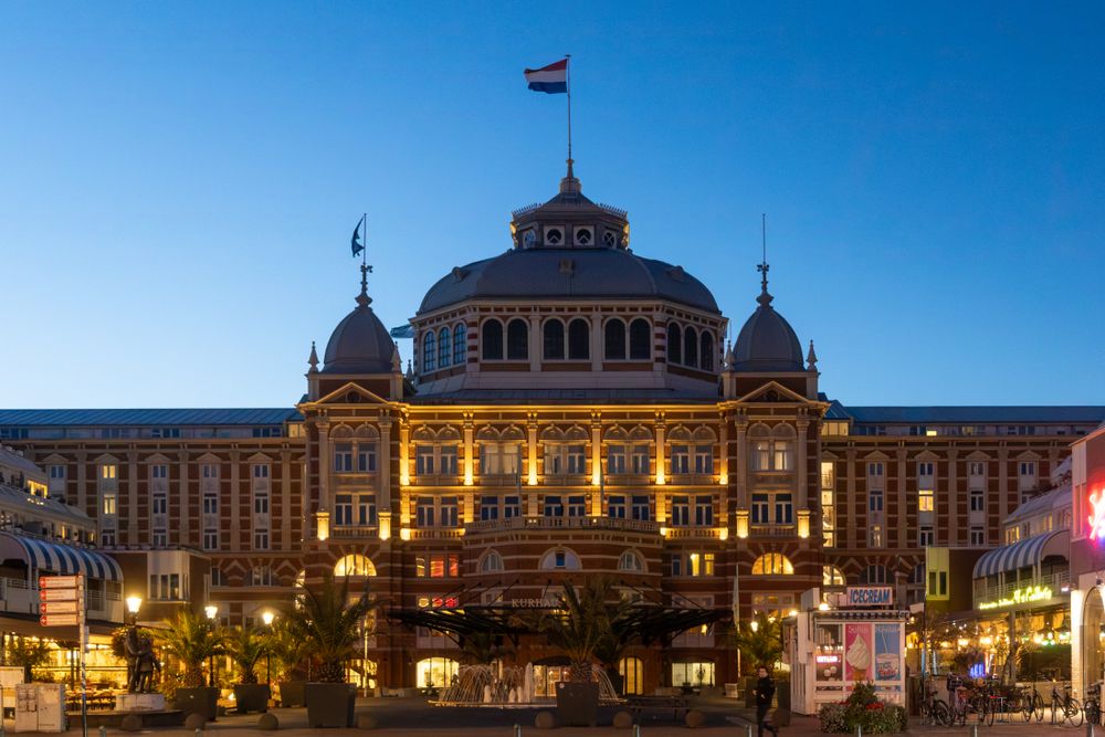 Seafront grand hotel at dusk