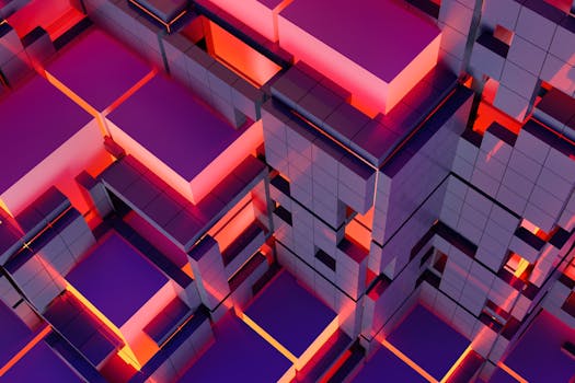 Vibrant abstract 3D render with geometric cubes and bold colors, perfect for digital backgrounds.