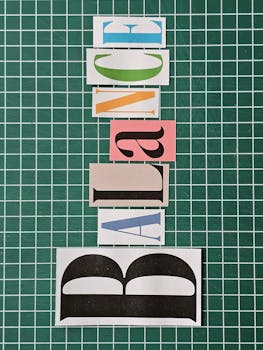 Colorful letters spelling 'BALANCE' on a green grid background, artistic design.