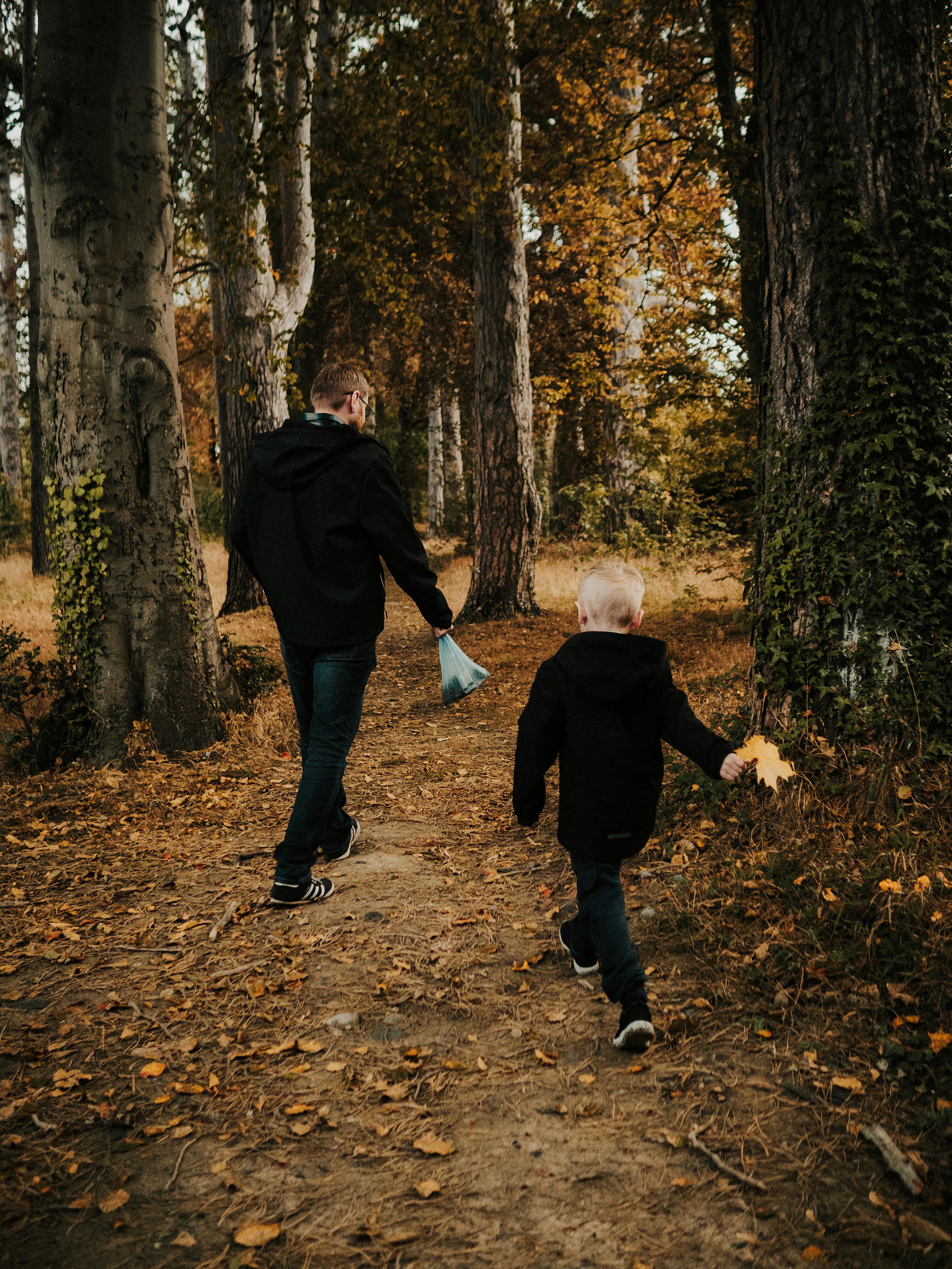 Father and son enjoying a walk in a forest during autumn. Leaves cover the path in warm hues.