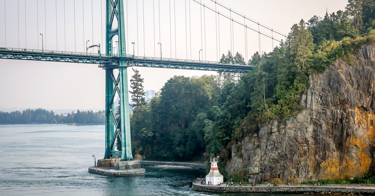View of English Bay and North Shore mountains from Vancouver seawall