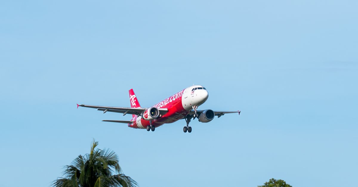 Photo by Ahmad Shakir Shamsulbadri A red airplane approaching landing over tropical palm trees with a clear blue sky backdrop.