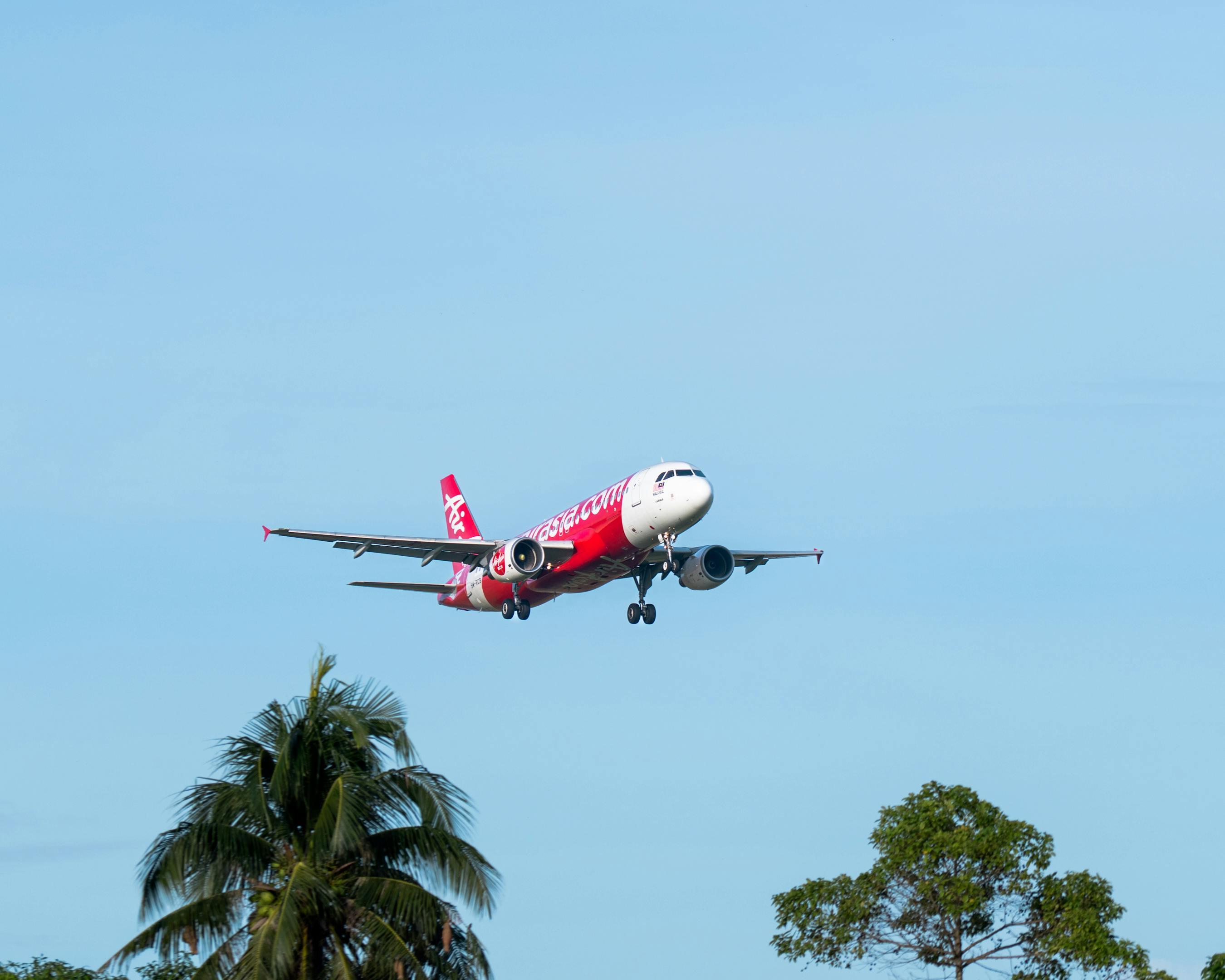 Free A red airplane approaching landing over tropical palm trees with a clear blue sky backdrop. Airlines to Bali