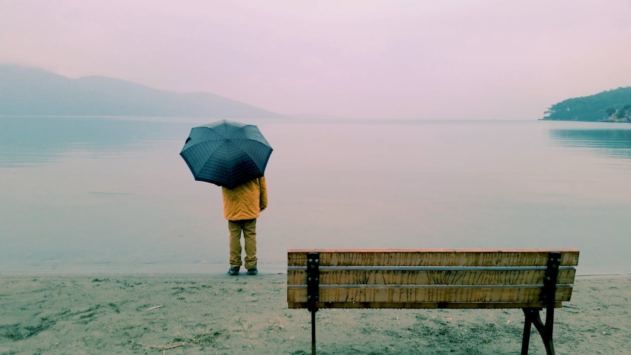 Person Standing Near Body of Water and Bench