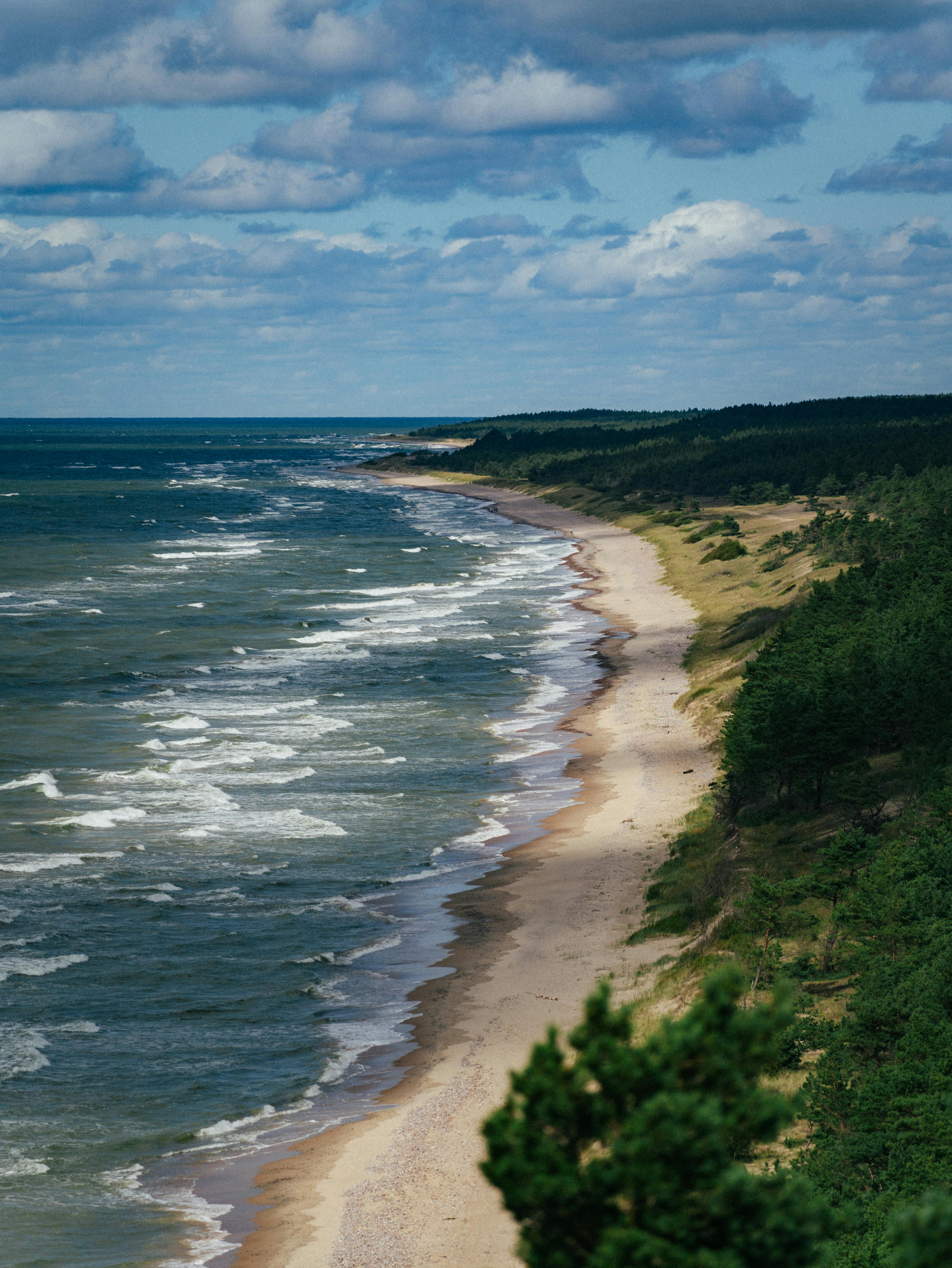 grátis Uma vista deslumbrante do litoral mostrando uma praia de areia e um vasto oceano sob um céu parcialmente nublado. Foto profissional