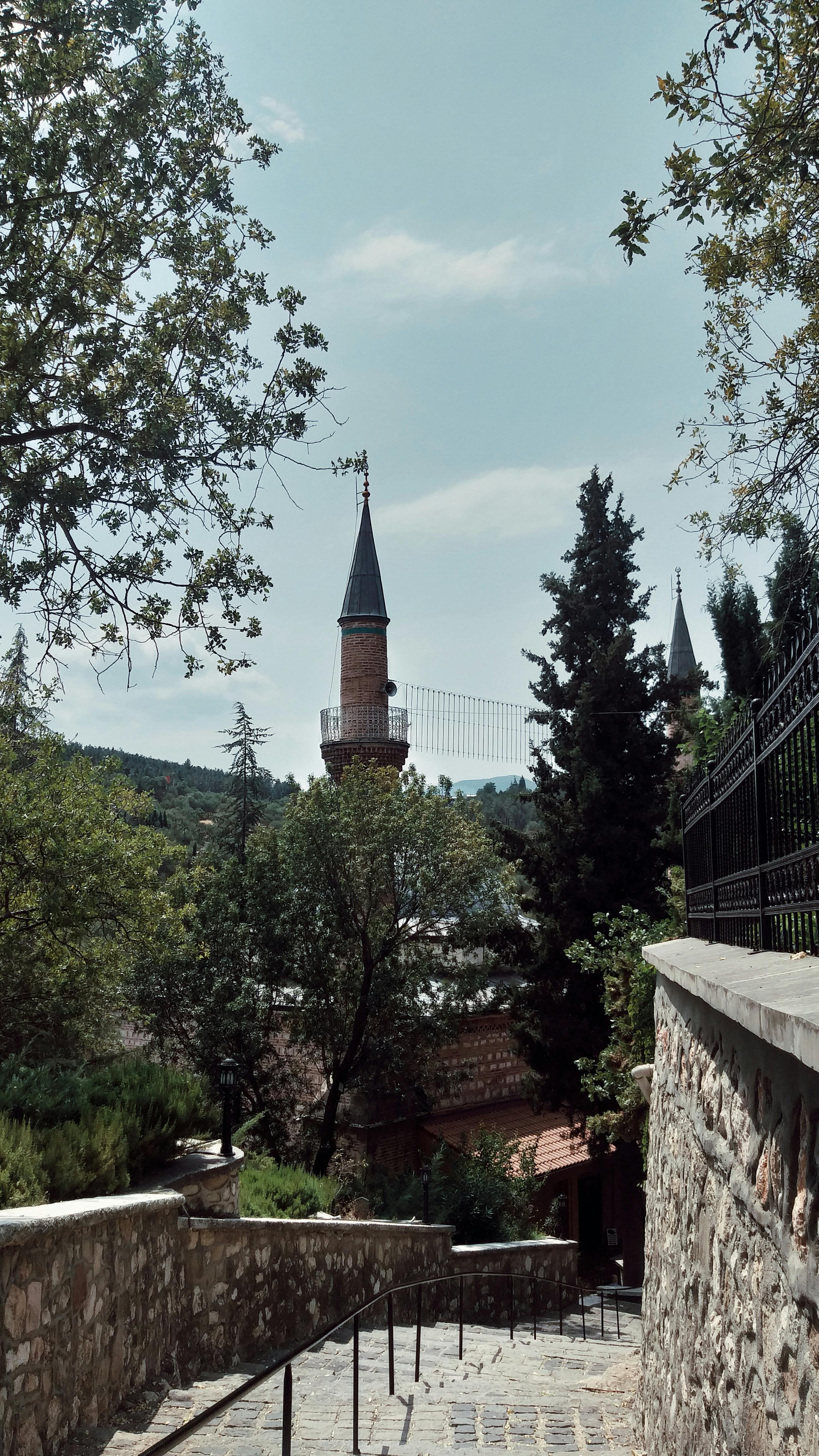 Charming stone pathway leading to a historic tower in Bilecik, Türkiye, surrounded by lush greenery.