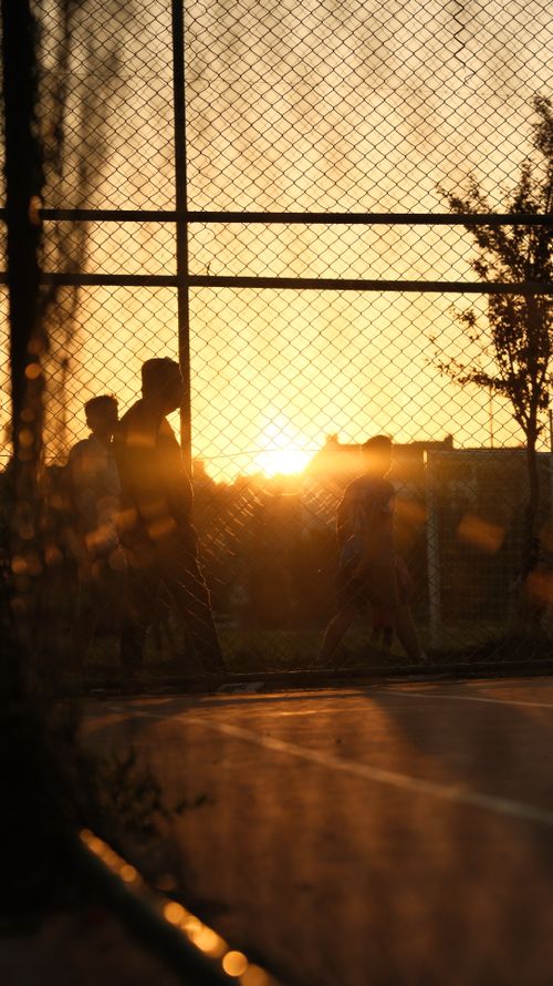 Free Silhouetted people by a fence playing outside at sunset. Stock Photo