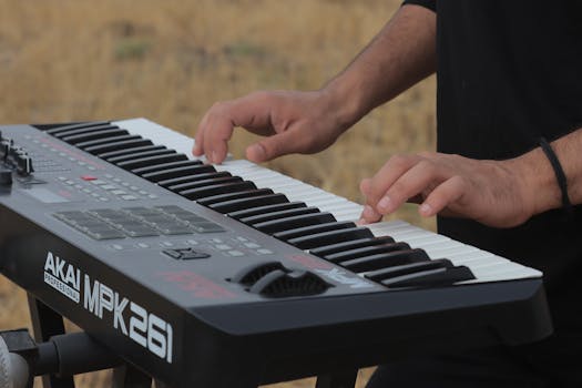 Close-up of a musician playing a keyboard outdoors in Qazvin Province, Iran.